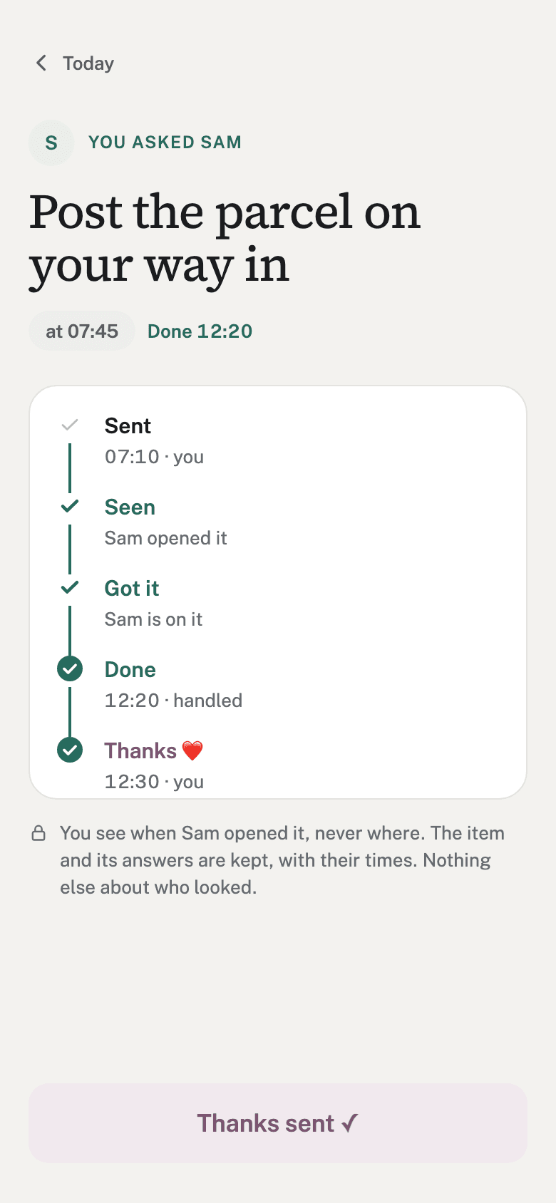 An item that is done, with a thank-you sent back.