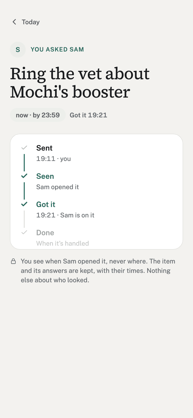 An item Sam has seen and said got it to, with each step and its time.
