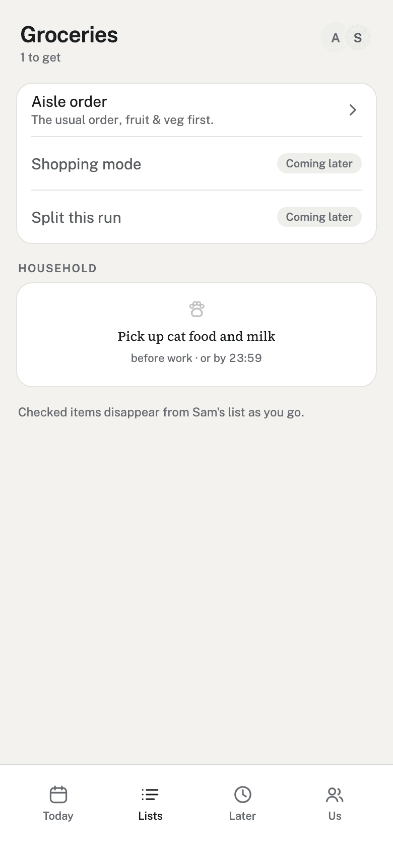 The Groceries list, with one item waiting.