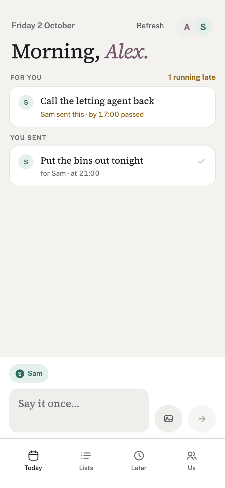 The Today screen on a phone, with a reminder waiting for Alex.